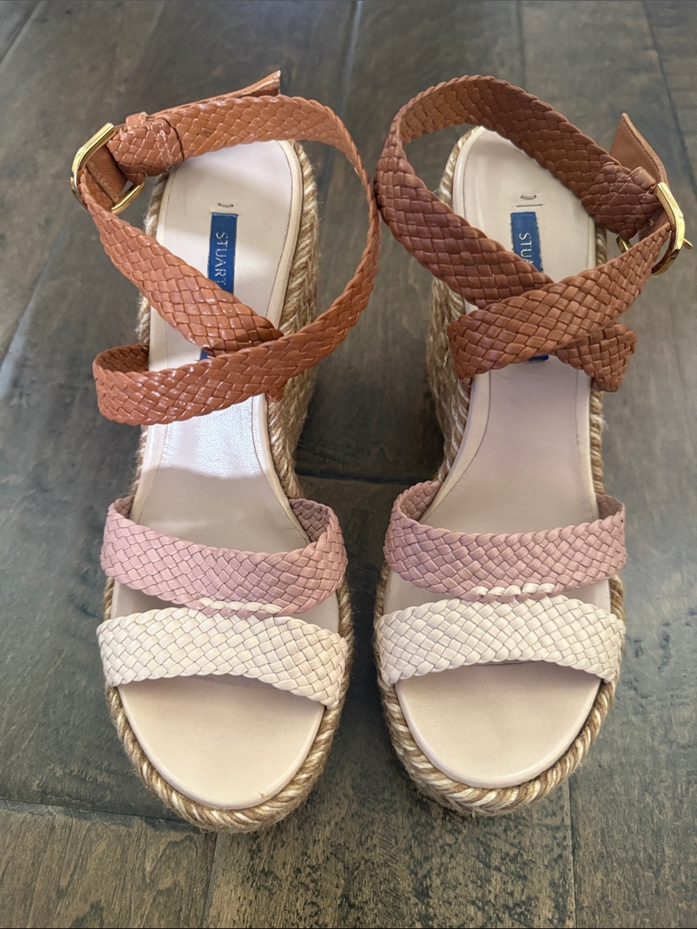 Stuart Weitzman Braided Espadrille Wedge Sandals in combo beige colors